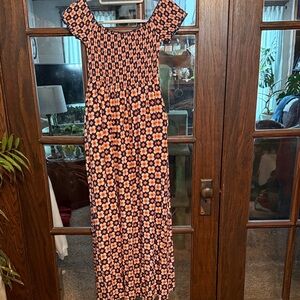 Blakeley Hippie Floral Maxi Dress in Navy and Orange with pockets Smocked top